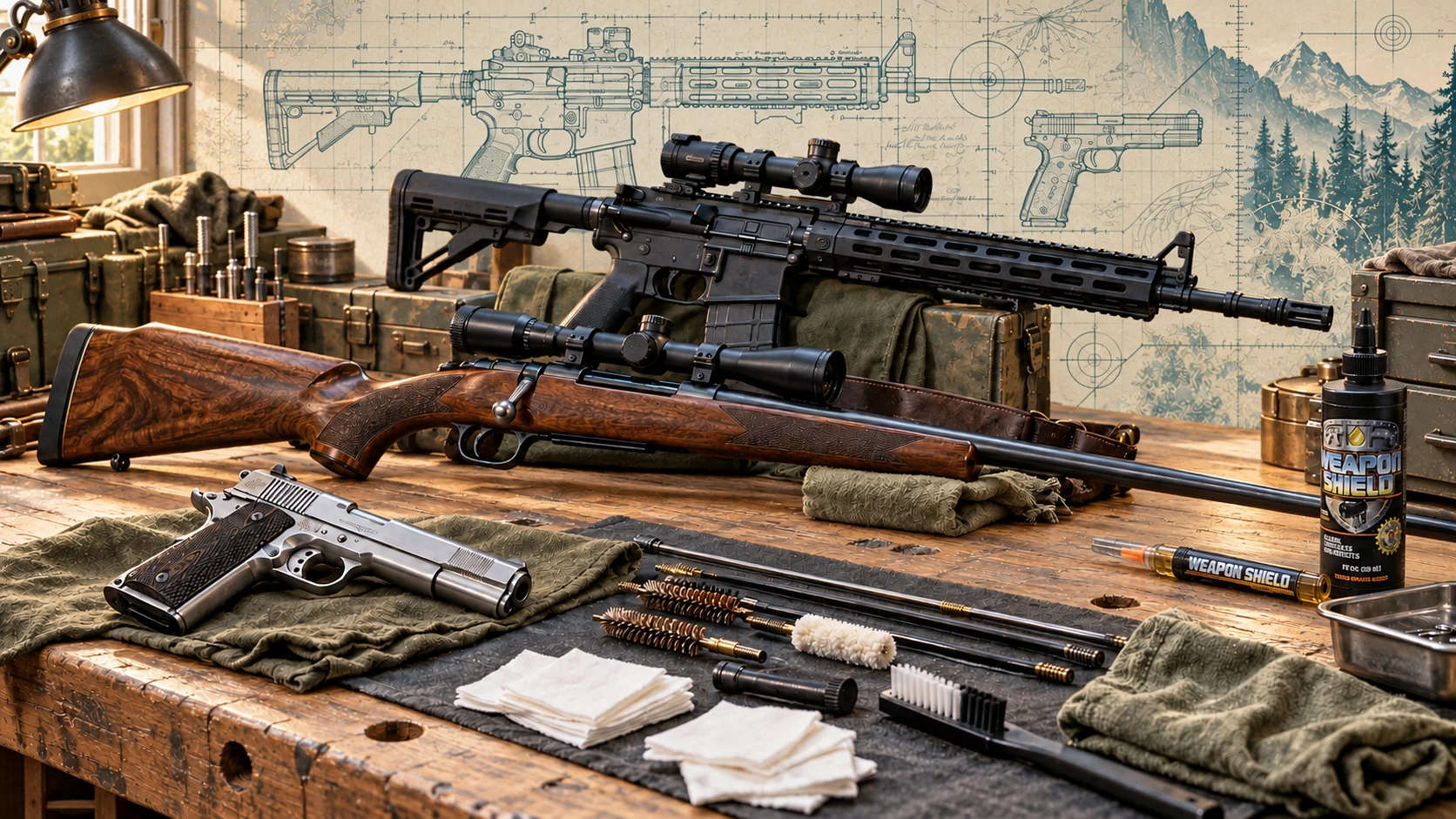 The same gun care workbench in daylight with parchment and teal blueprint graphics.